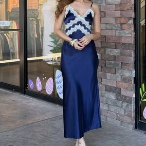 NEW Satin & Lace Midnight Blue Embroidered Slip Dress M